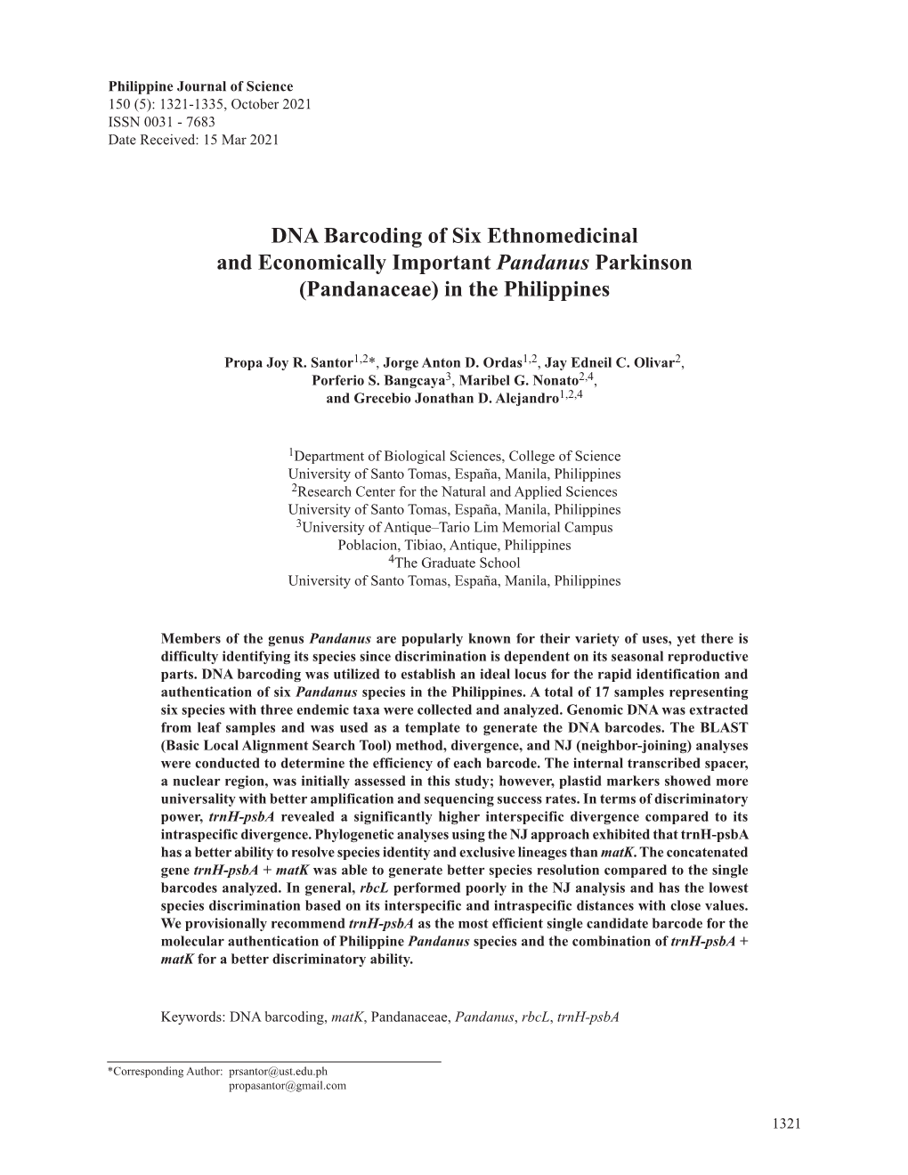 DNA Barcoding of Six Ethnomedicinal and Economically Important Pandanus Parkinson (Pandanaceae) in the Philippines