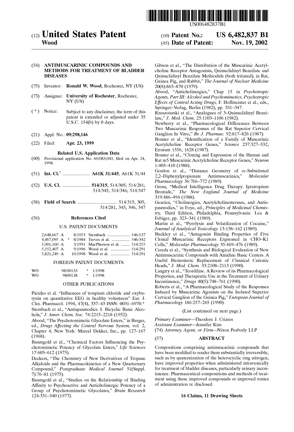 (12) United States Patent (10) Patent No.: US 6,482,837 B1 Wood (45) Date of Patent: Nov