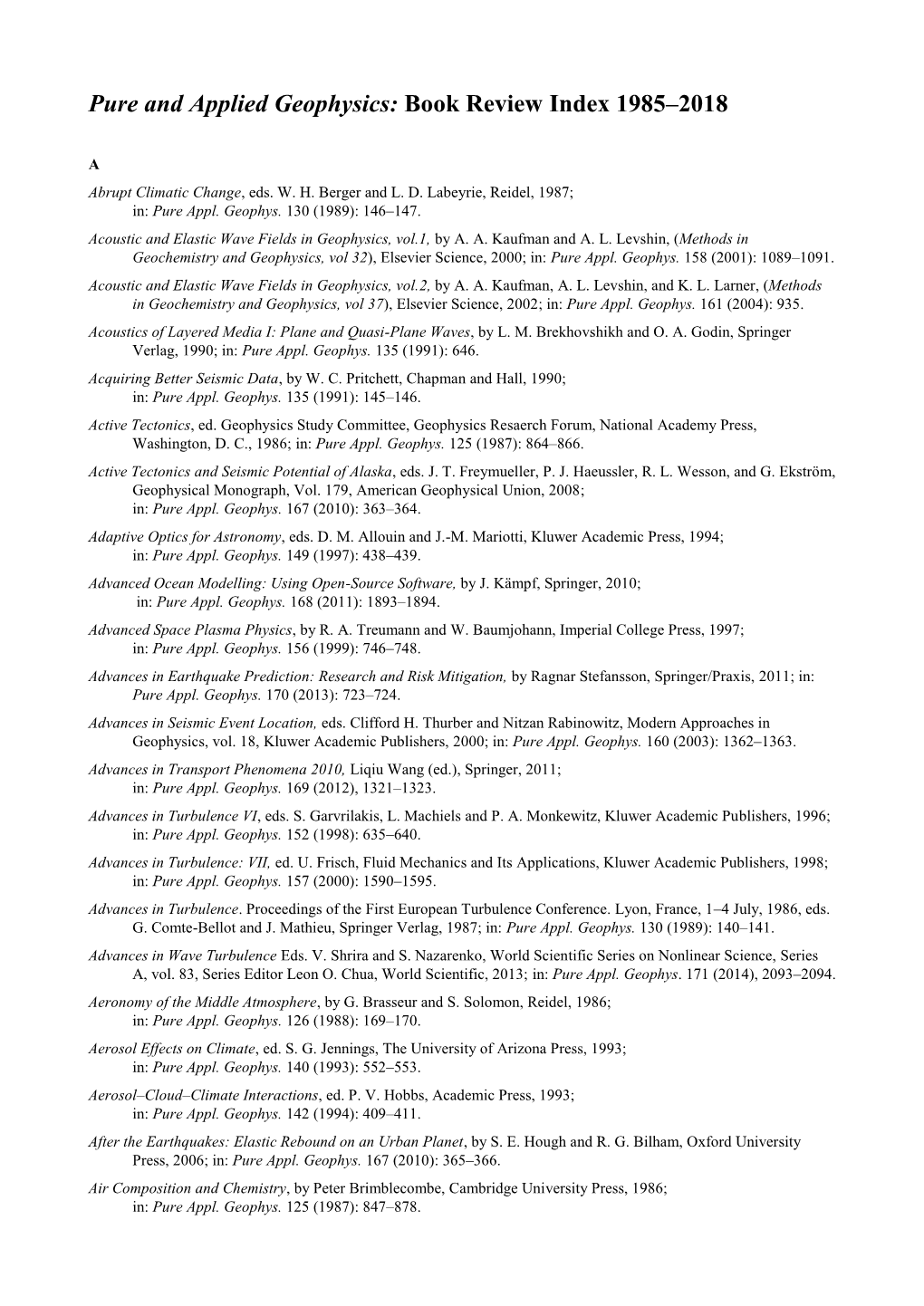 Pure and Applied Geophysics: Book Review Index 1985–2018