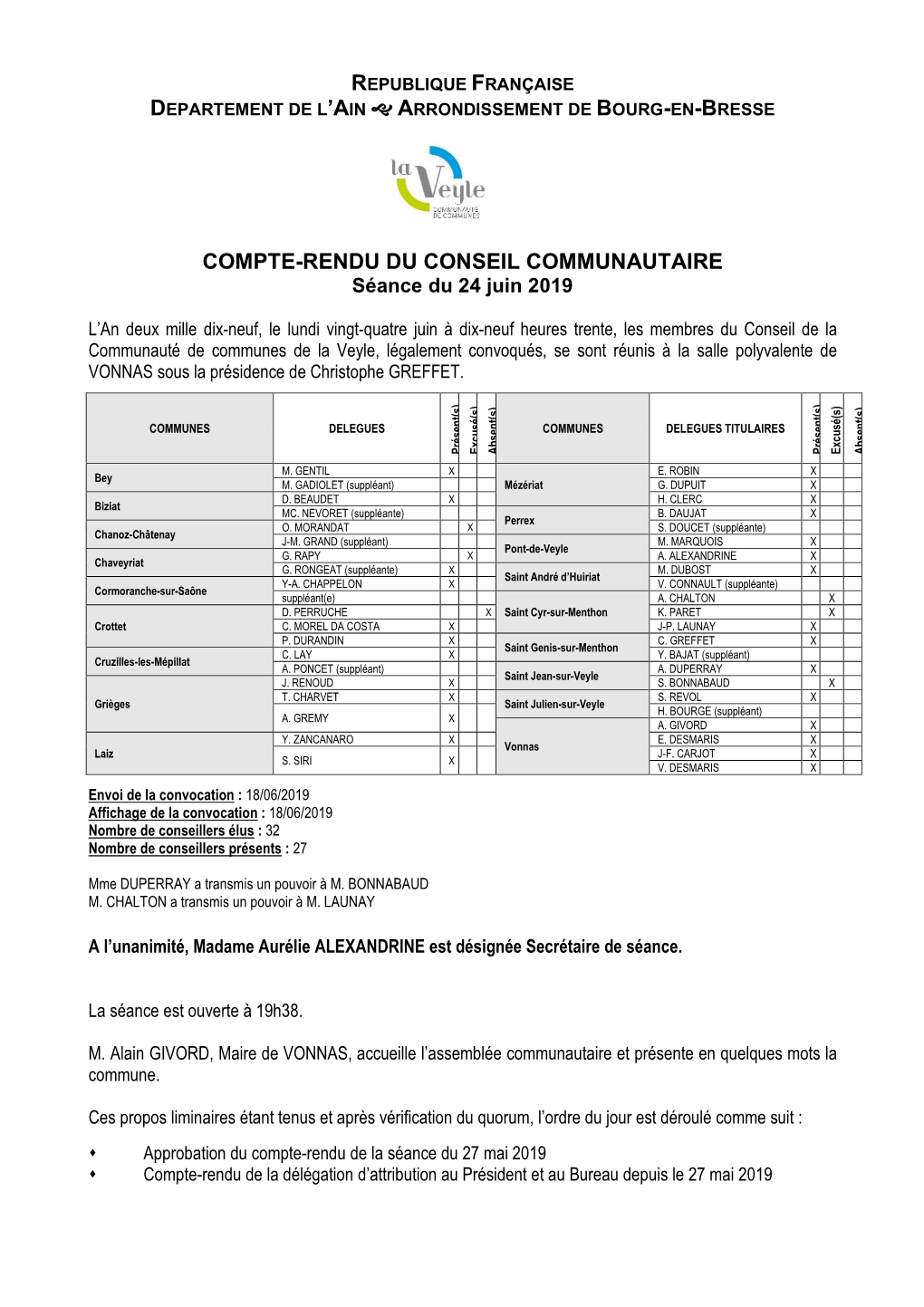 COMPTE-RENDU DU CONSEIL COMMUNAUTAIRE Séance Du 24 Juin 2019