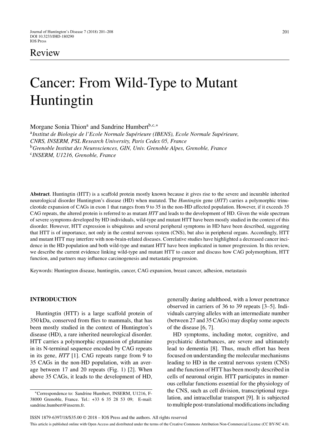 Cancer: from Wild-Type to Mutant Huntingtin