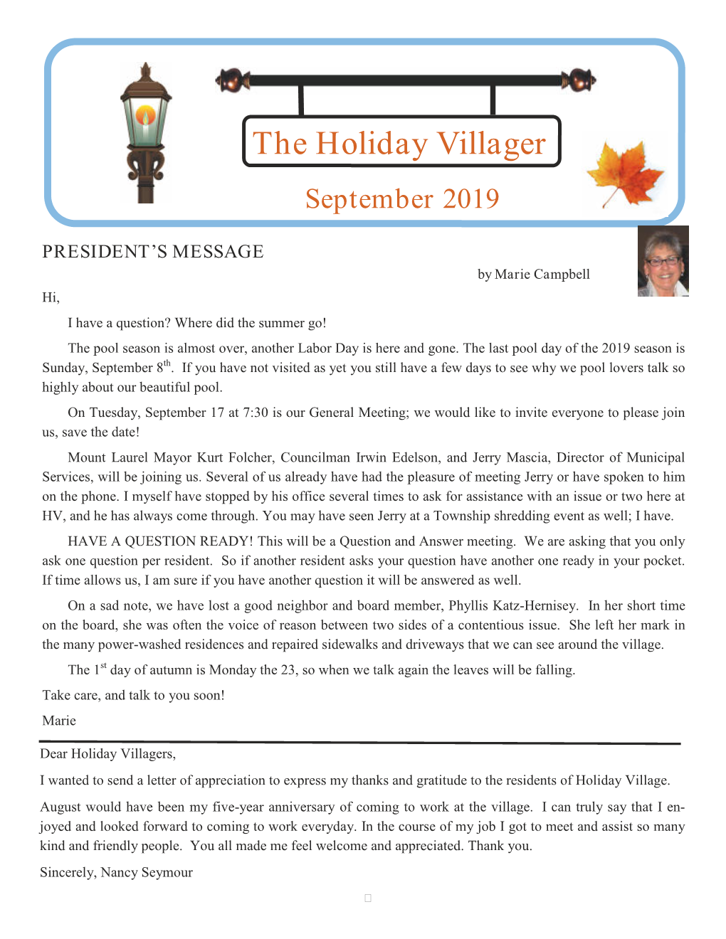 The Holiday Villager September 2019 PRESIDENT's MESSAGE