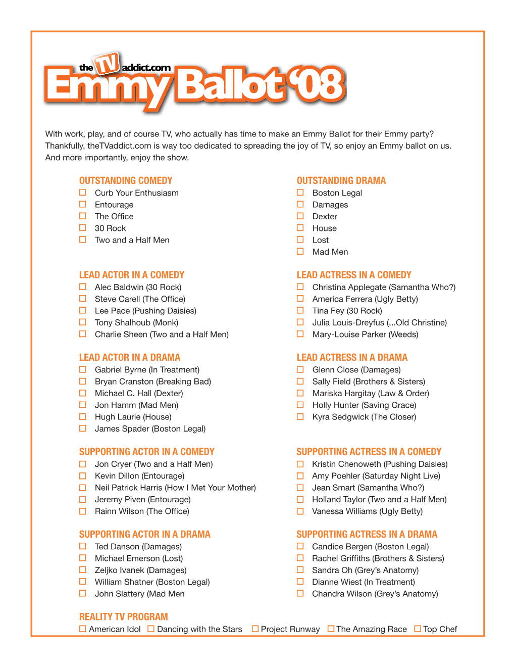 Emmy Ballot for Their Emmy Party? Thankfully, Thetvaddict.Com Is Way Too Dedicated to Spreading the Joy of TV, So Enjoy an Emmy Ballot on Us