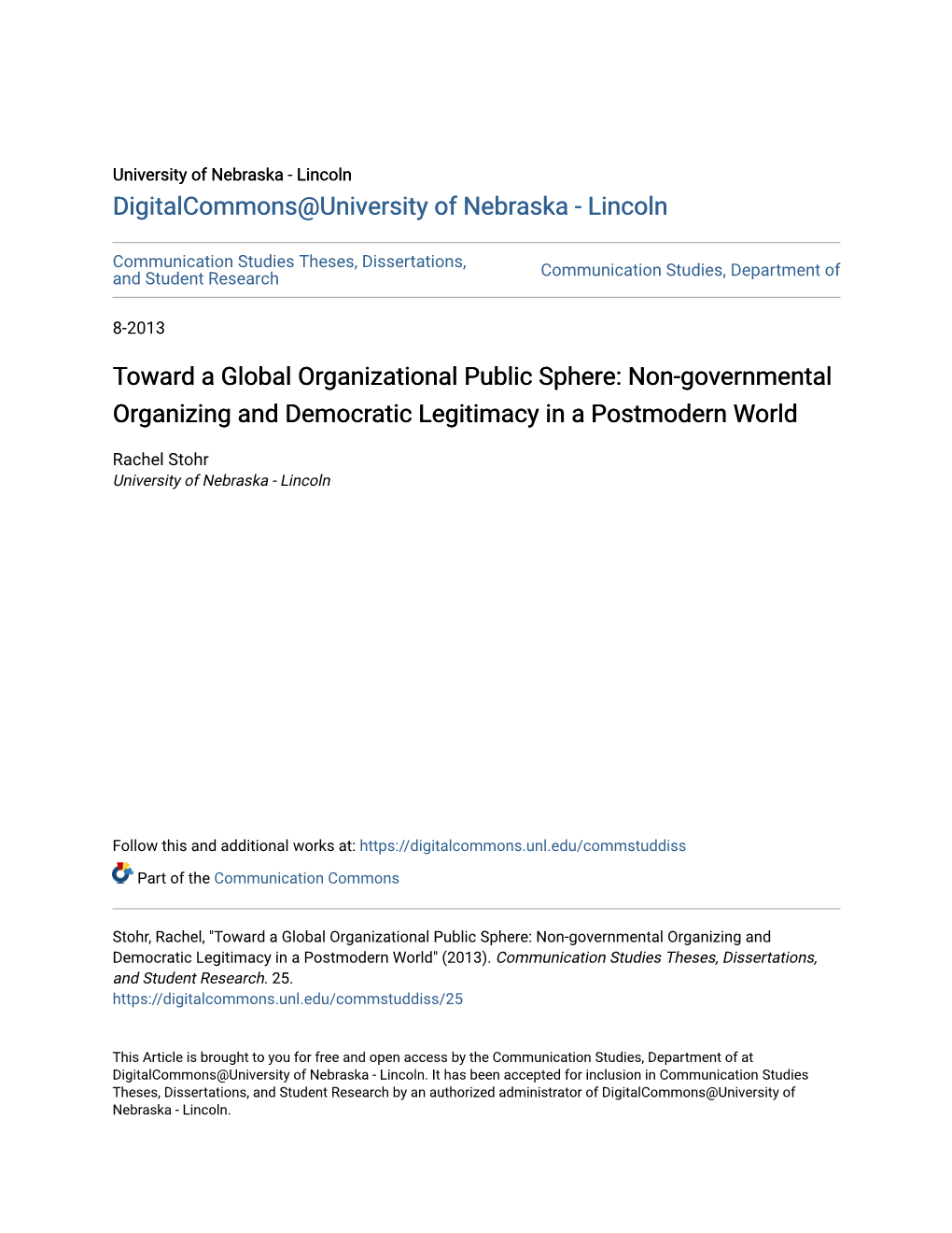 Toward a Global Organizational Public Sphere: Non-Governmental Organizing and Democratic Legitimacy in a Postmodern World
