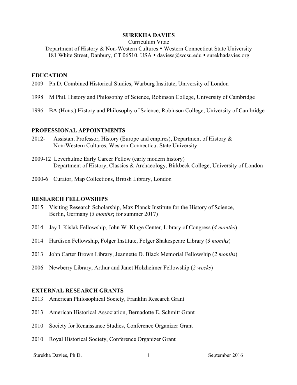 Davies, Surekha, CV, 2016-10, Online