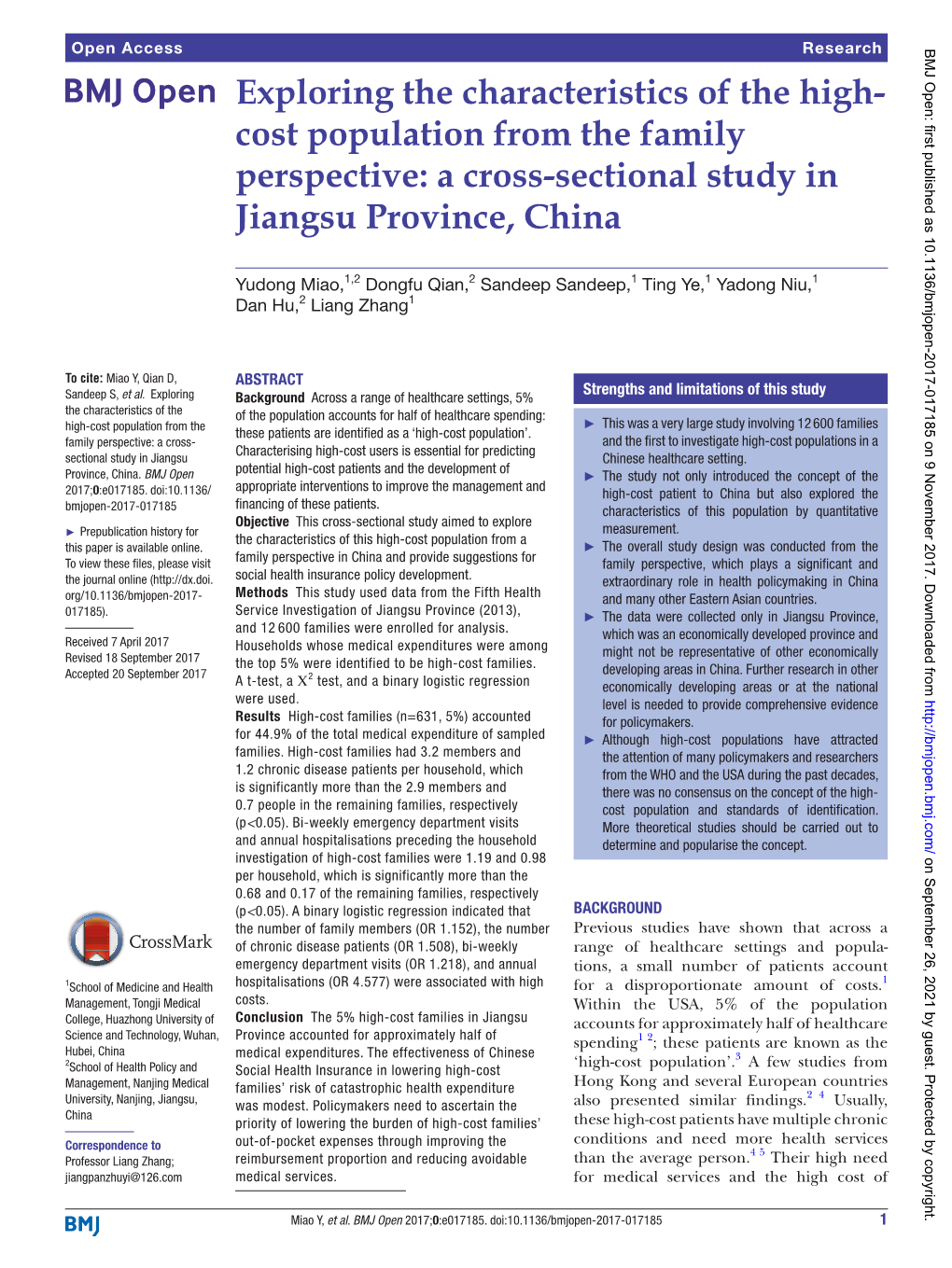 Exploring the Characteristics of the High- Cost Population from the Family Perspective: a Cross-Sectional Study in Jiangsu Province, China