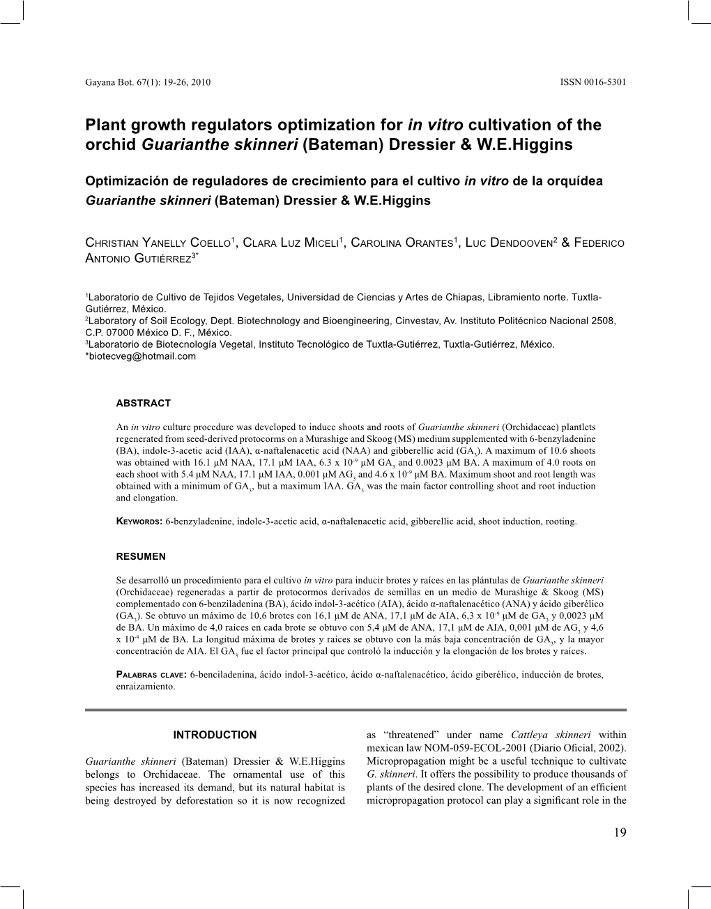 Plant Growth Regulators Optimization for in Vitro Cultivation of the Orchid Guarianthe Skinneri (Bateman) Dressier & W.E.Higgins