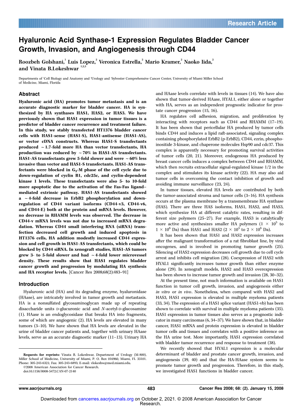 Hyaluronic Acid Synthase-1 Expression Regulates Bladder