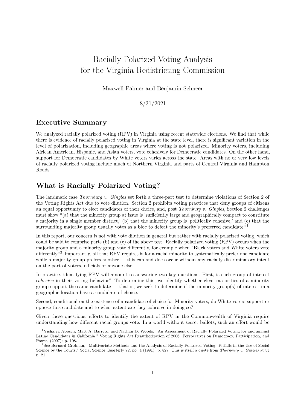 Racially Polarized Voting Analysis for the Virginia Redistricting Commission