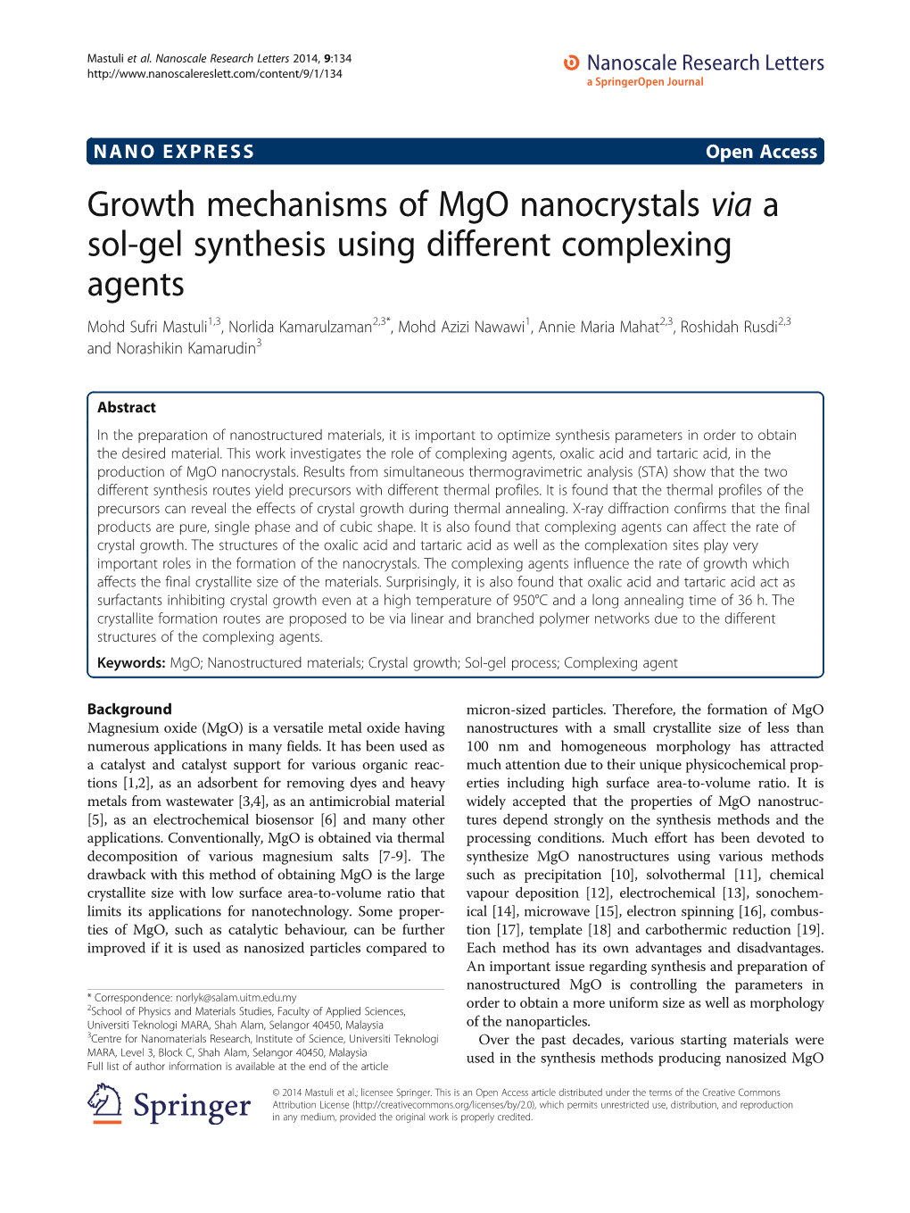 Growth Mechanisms of Mgo Nanocrystals Via a Sol-Gel Synthesis