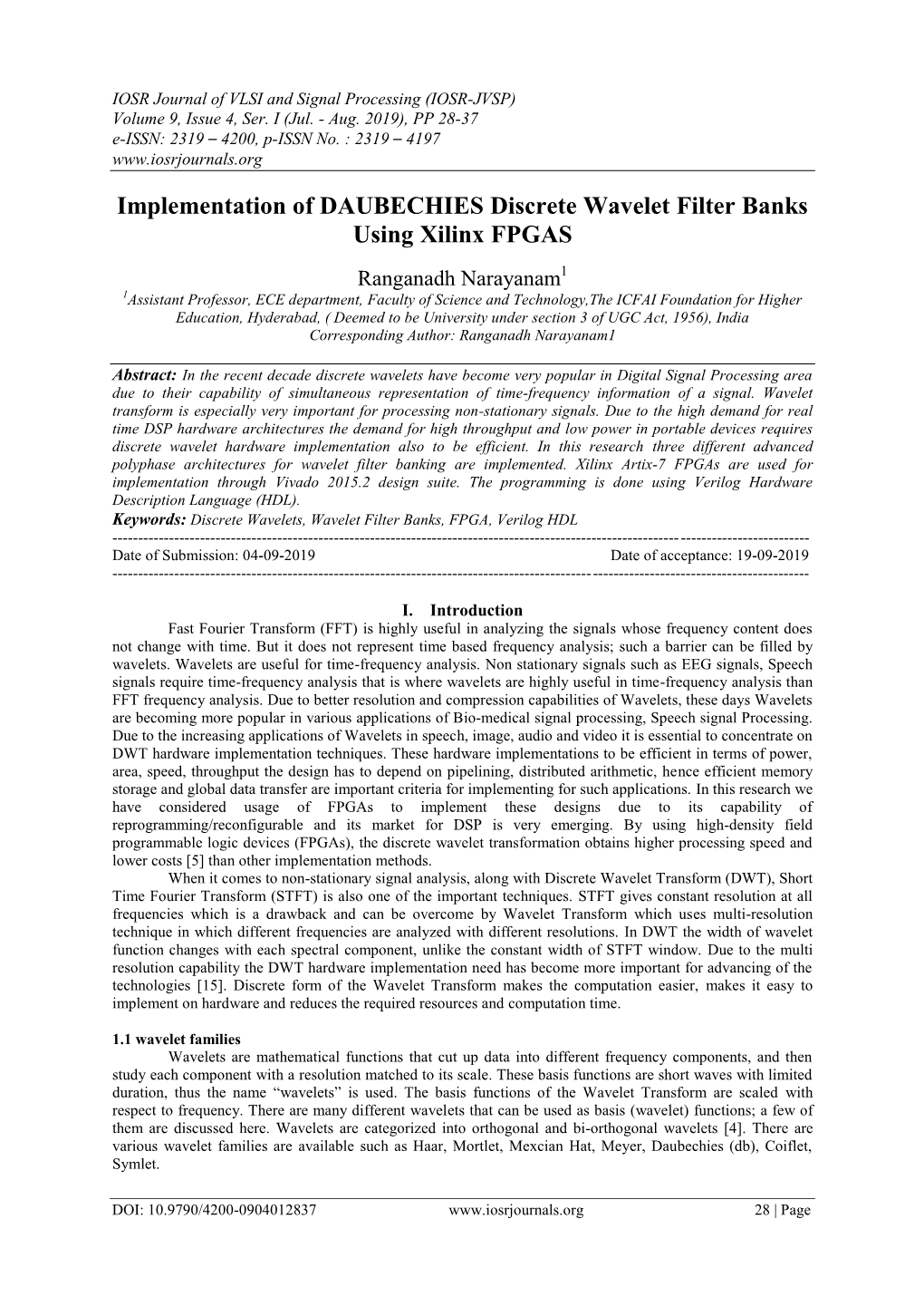 Implementation of DAUBECHIES Discrete Wavelet Filter Banks Using Xilinx FPGAS