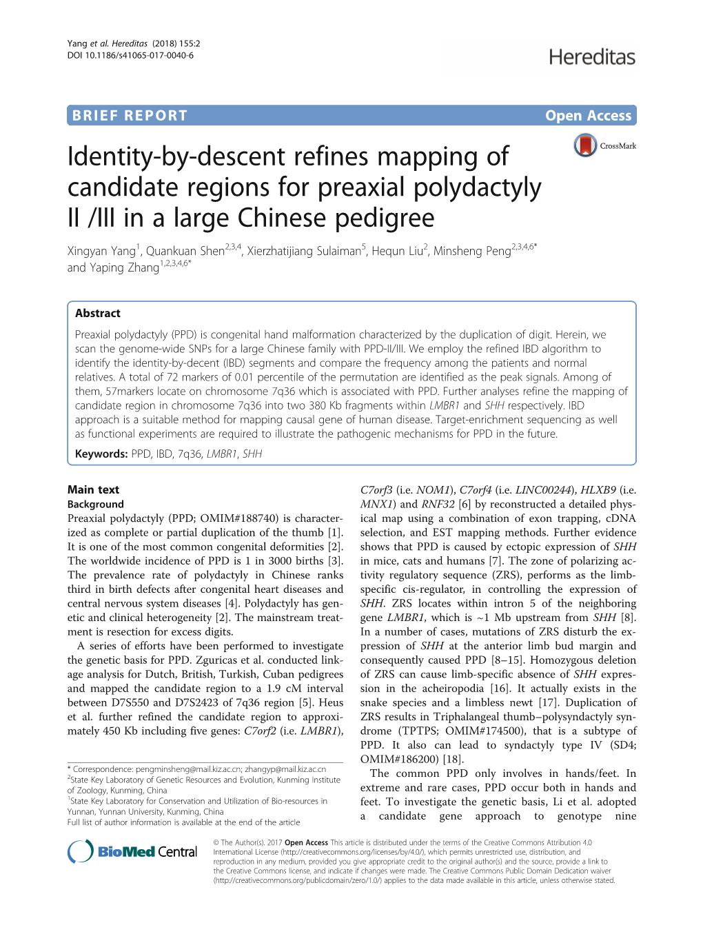 Identity-By-Descent Refines Mapping of Candidate Regions for Preaxial Polydactyly II /III in a Large Chinese Pedigree
