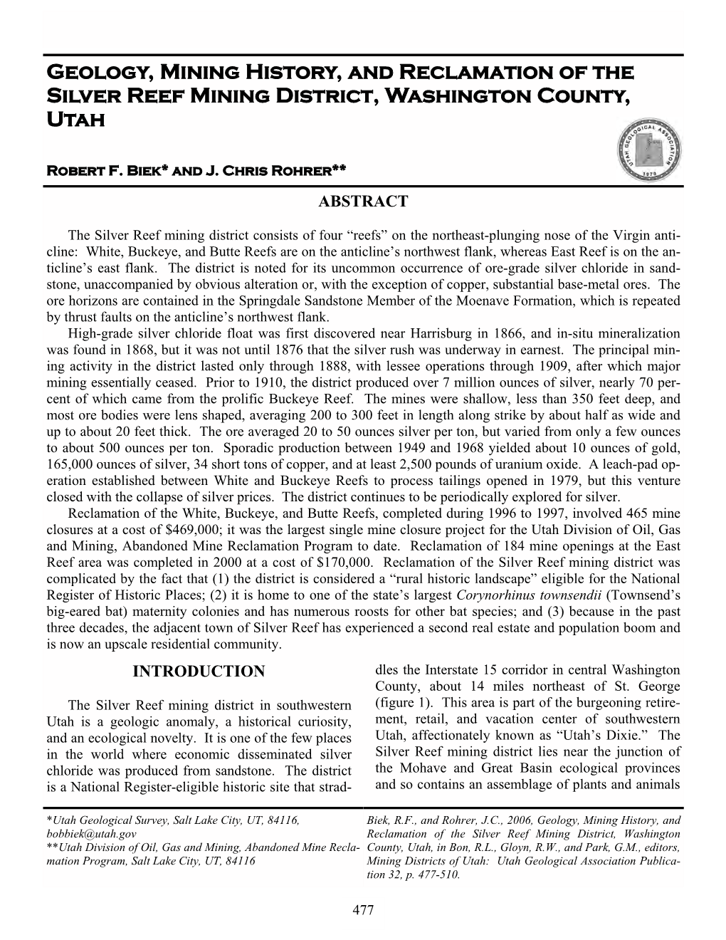 Geology, Mining History, and Reclamation of the Silver Reef Mining District, Washington County, Utah