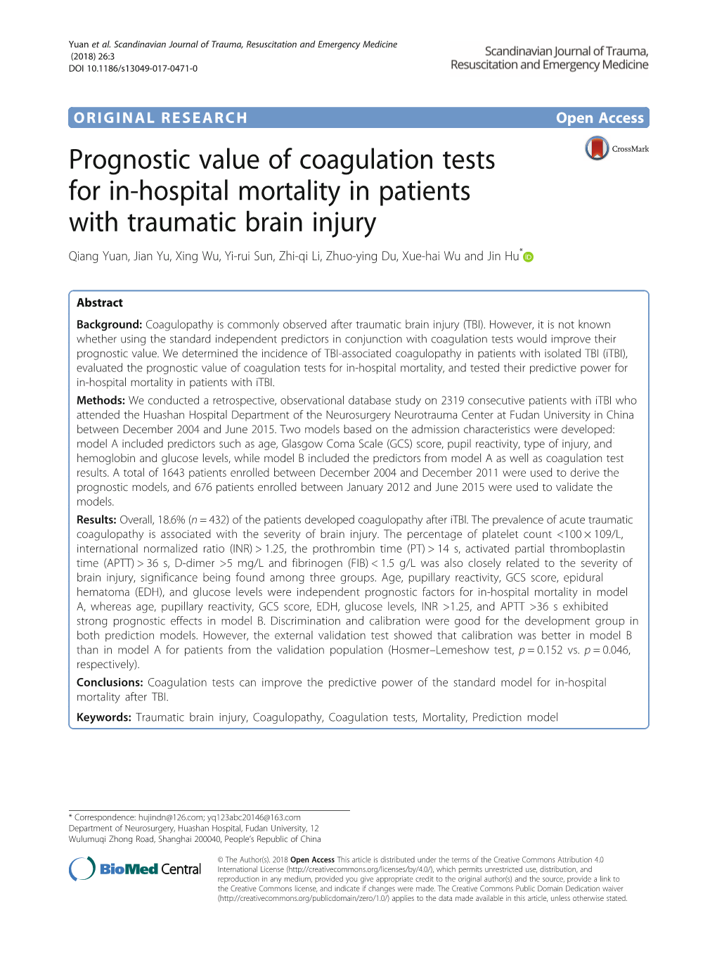 Prognostic Value of Coagulation Tests for In-Hospital Mortality in Patients