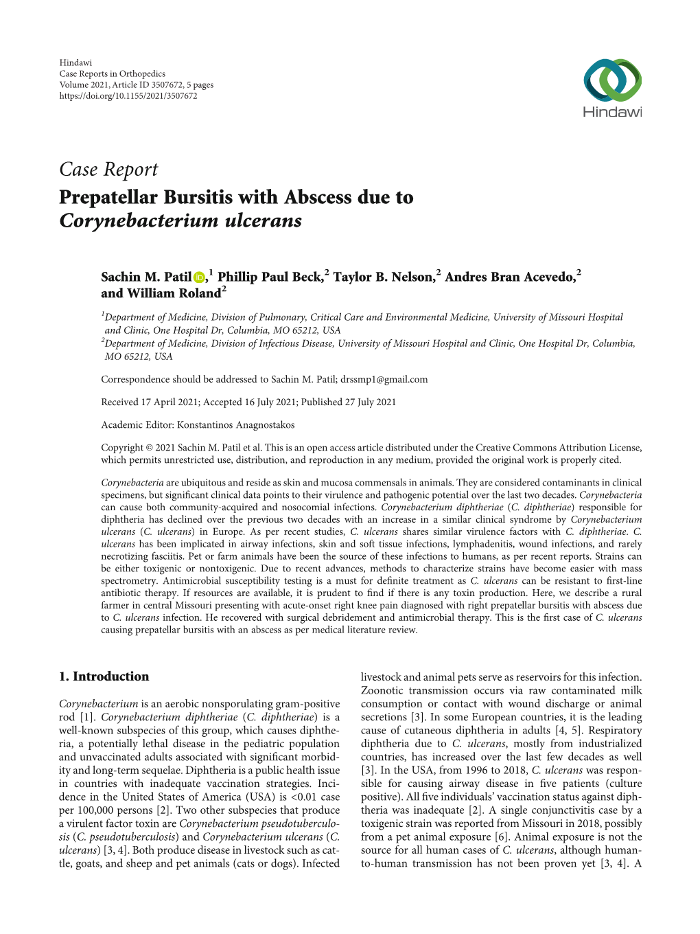 Prepatellar Bursitis with Abscess Due to Corynebacterium Ulcerans