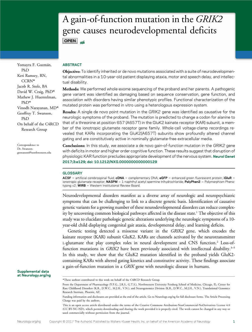 A Gain-Of-Function Mutation in the GRIK2 Gene Causes Neurodevelopmental Deficits