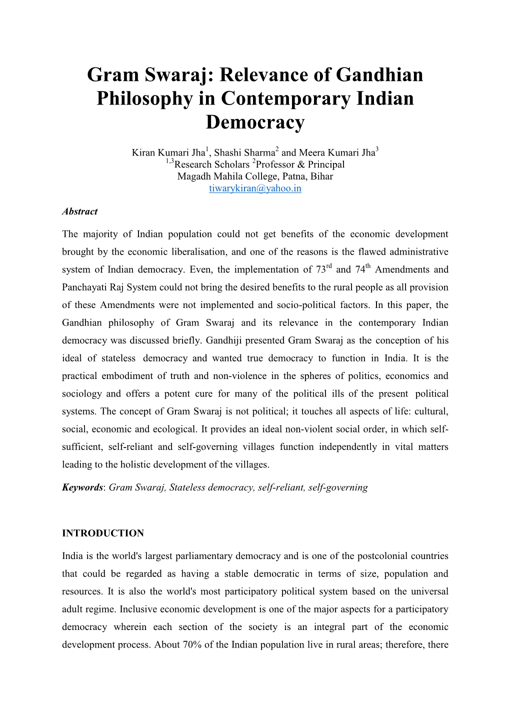 Gram Swaraj: Relevance of Gandhian Philosophy in Contemporary Indian Democracy