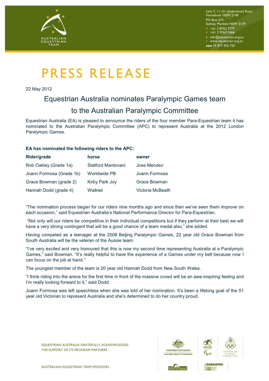 Equestrian Australia Nominates Paralympic Games Team to The