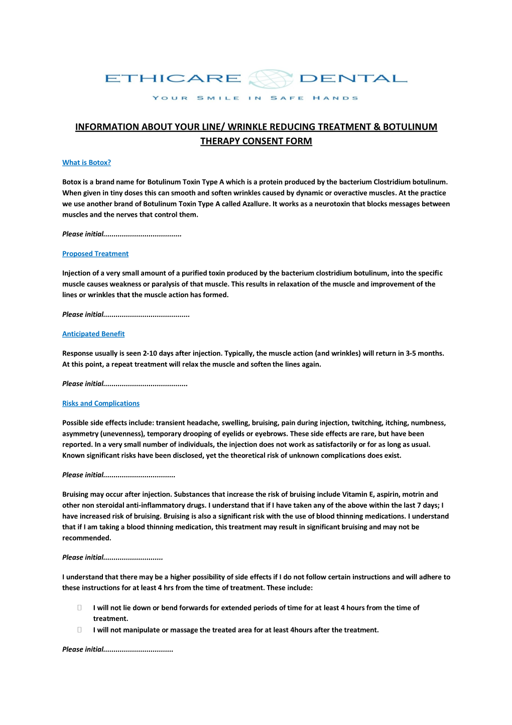 Wrinkle Reducing Treatment & Botulinum Therapy Consent Form