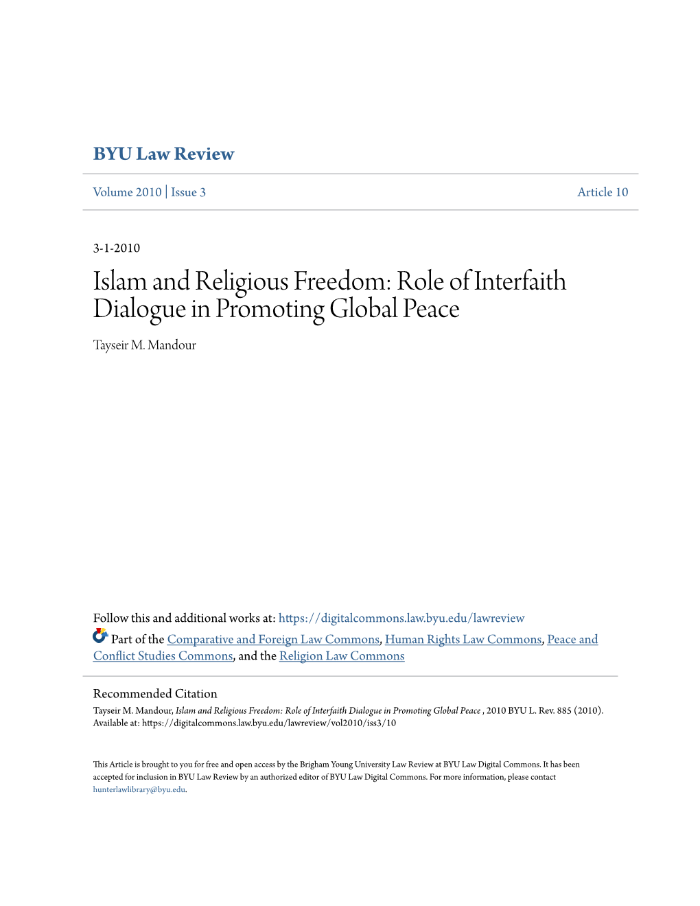 Islam and Religious Freedom: Role of Interfaith Dialogue in Promoting Global Peace Tayseir M