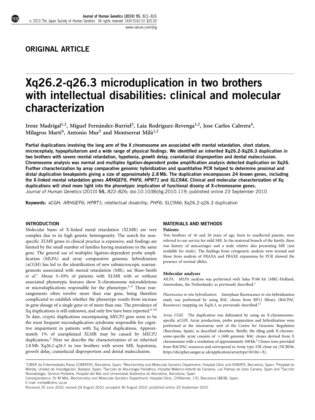 Xq26.2-Q26.3 Microduplication in Two Brothers with Intellectual Disabilities: Clinical and Molecular Characterization