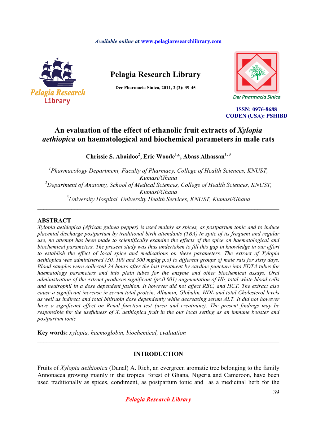 An Evaluation of the Effect of Ethanolic Fruit Extracts of Xylopia Aethiopica on Haematological and Biochemical Parameters in Male Rats