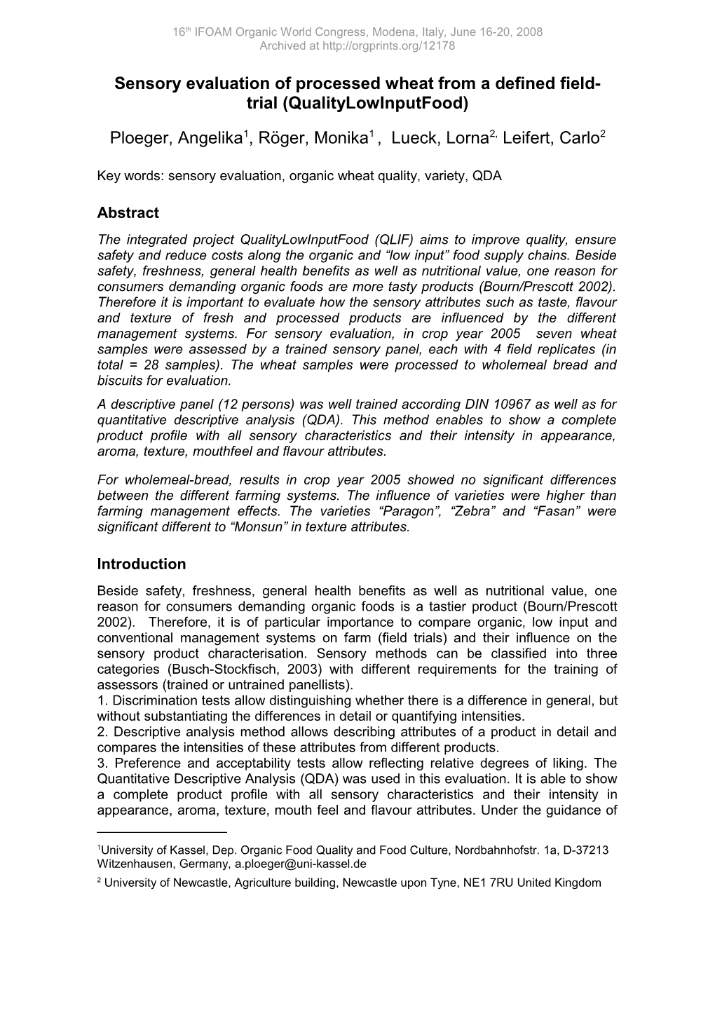 Organic Wheat Quality from a Defined Italian Field-Trial