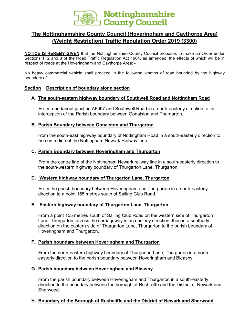 The Nottinghamshire County Council (Hoveringham and Caythorpe Area) (Weight Restriction) Traffic Regulation Order 2019 (3300)