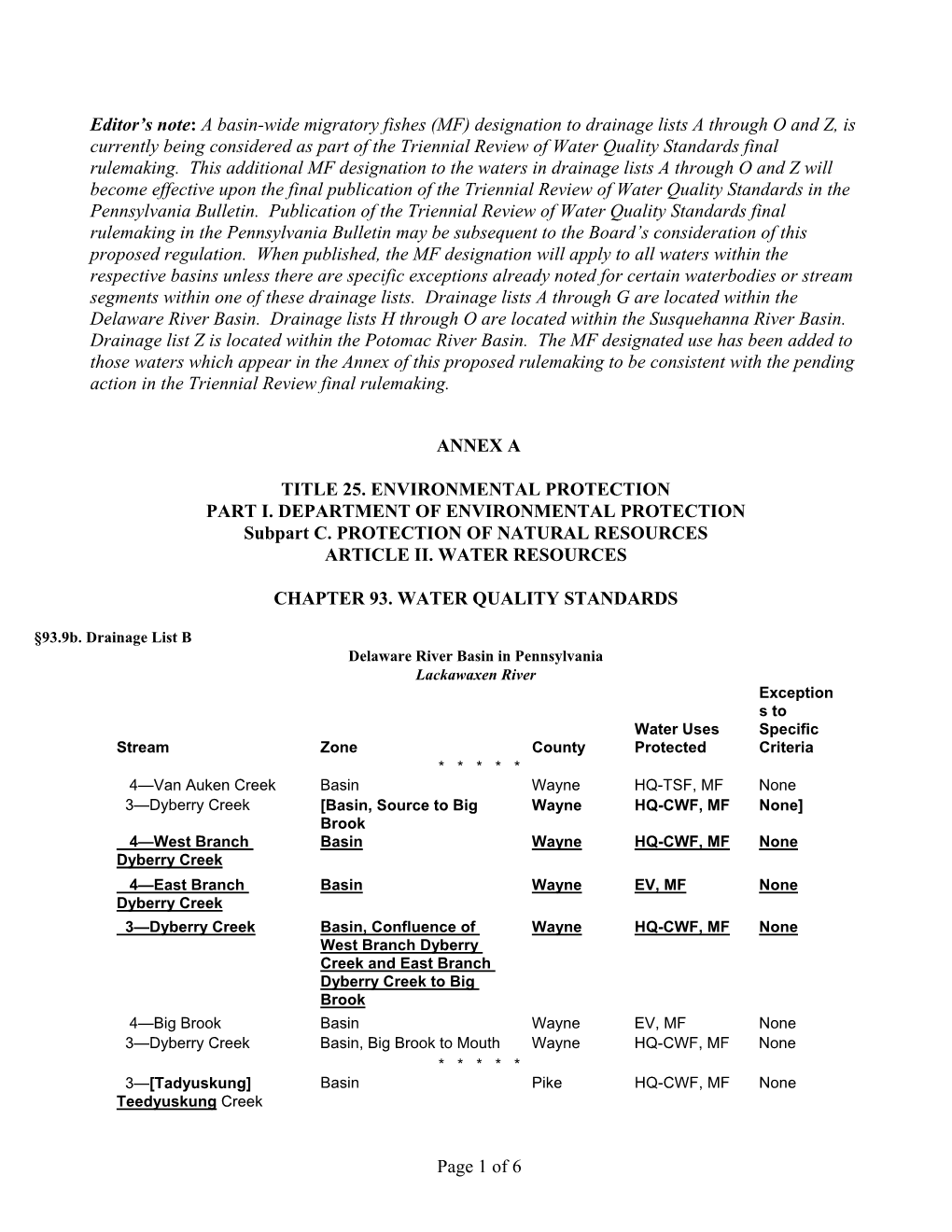 Page 1 of 6 Editor's Note: a Basin-Wide Migratory Fishes (MF