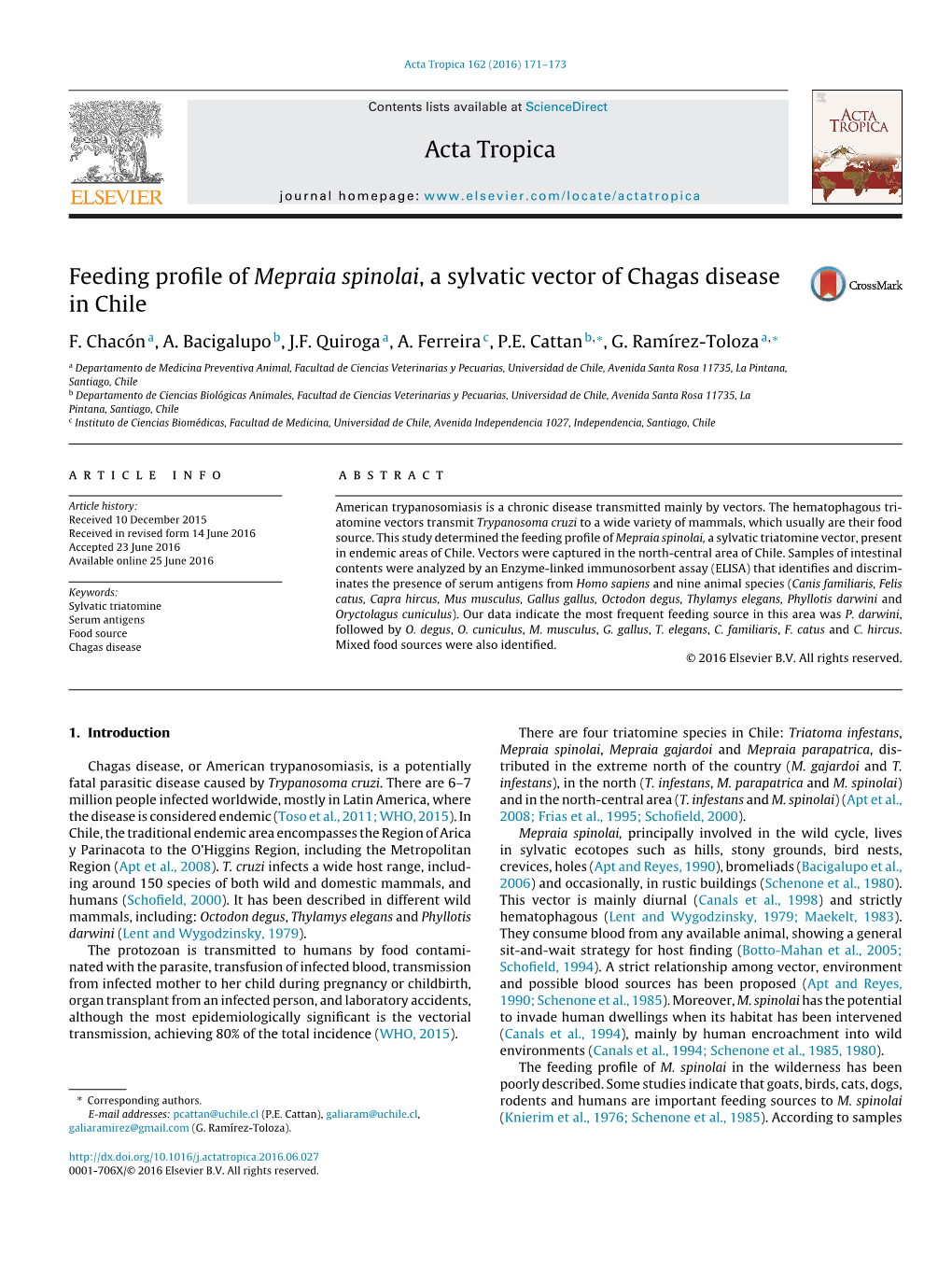 Feeding Profile of Mepraia Spinolai, a Sylvatic Vector of Chagas Disease In