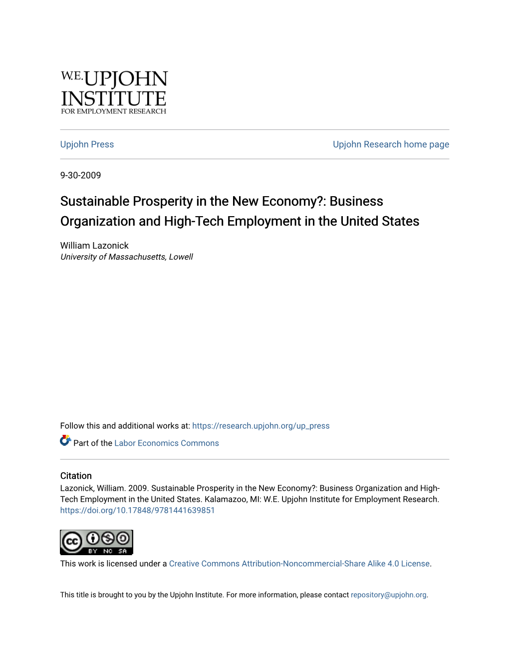 Sustainable Prosperity in the New Economy?: Business Organization and High-Tech Employment in the United States