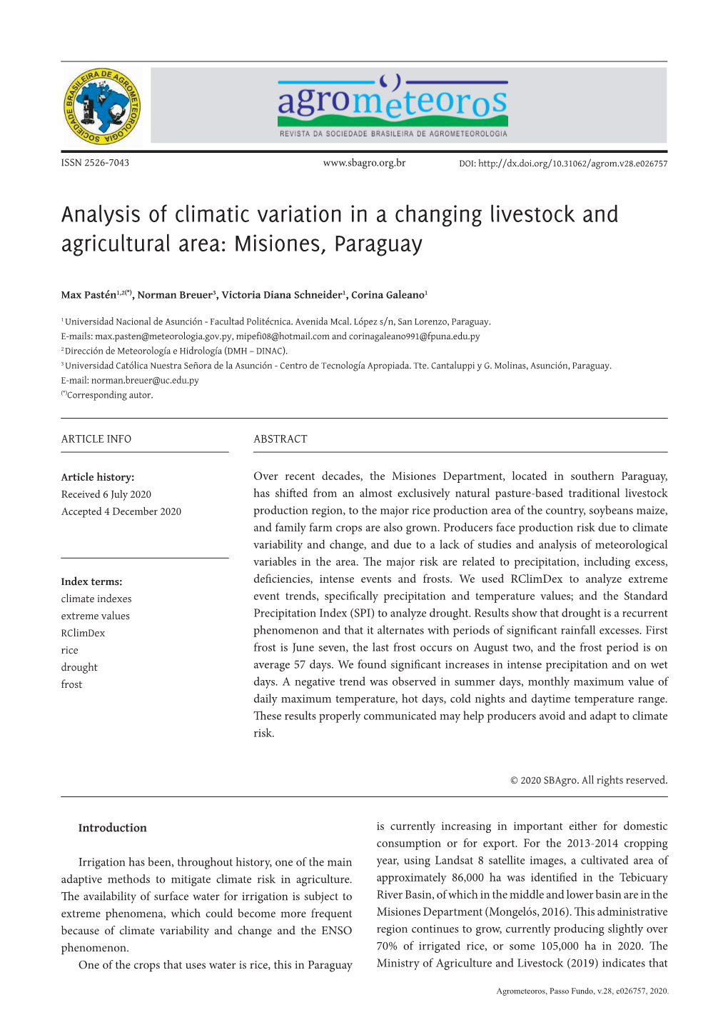 Analysis of Climatic Variation in a Changing Livestock and Agricultural Area: Misiones, Paraguay