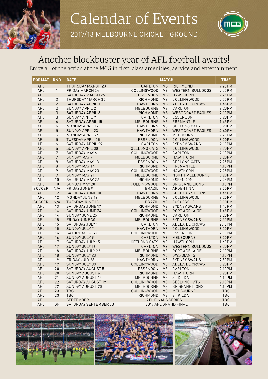 Calendar of Events 2017/18 MELBOURNE CRICKET GROUND