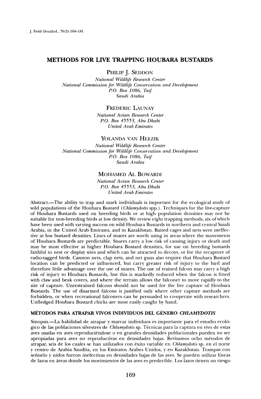 Methods for Live Trapping Houbara Bustards