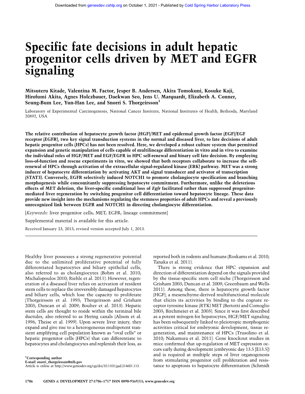 Specific Fate Decisions in Adult Hepatic Progenitor Cells Driven by MET and EGFR Signaling