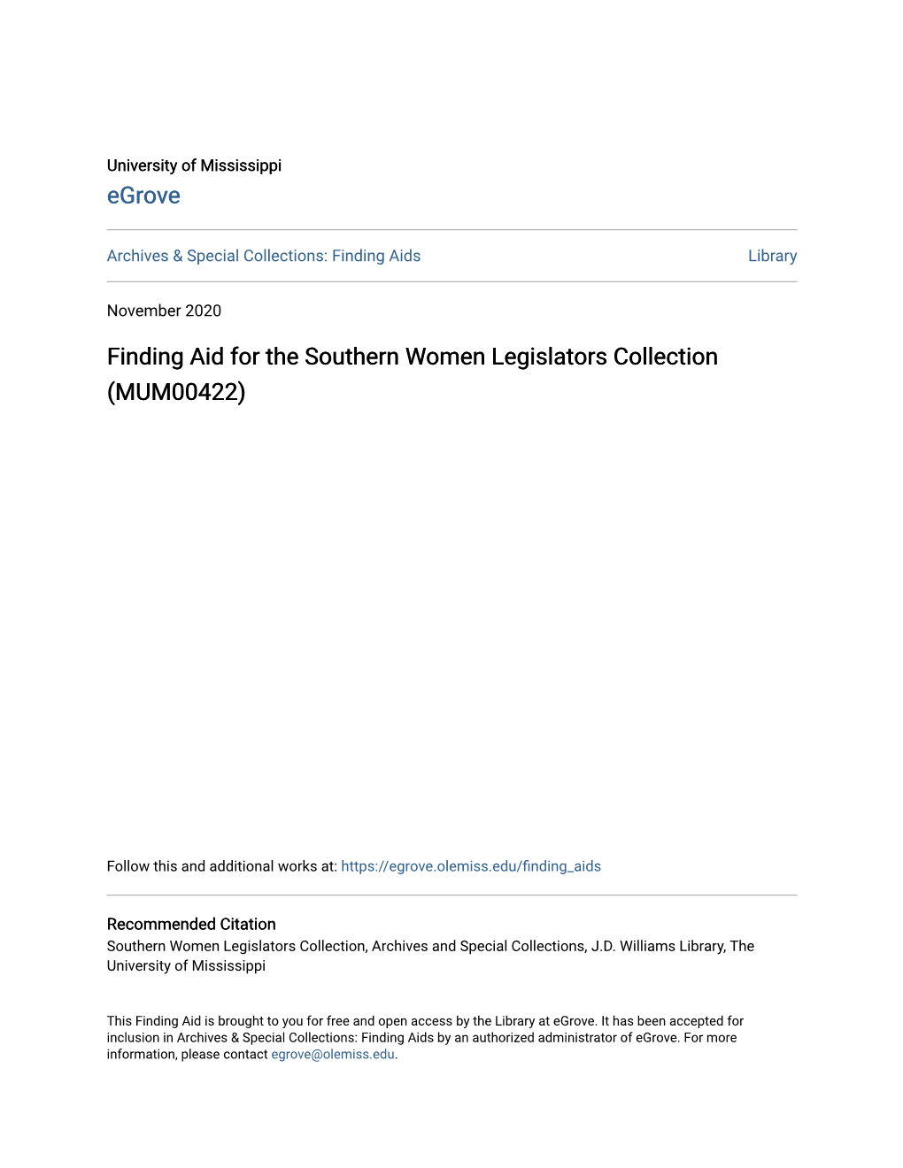 Finding Aid for the Southern Women Legislators Collection (MUM00422)