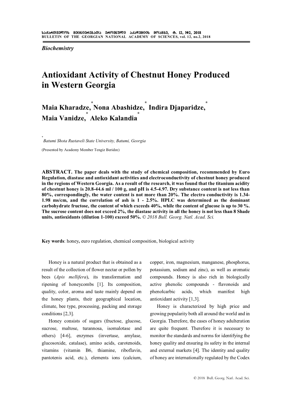 Antioxidant Activity of Chestnut Honey Produced in Western Georgia