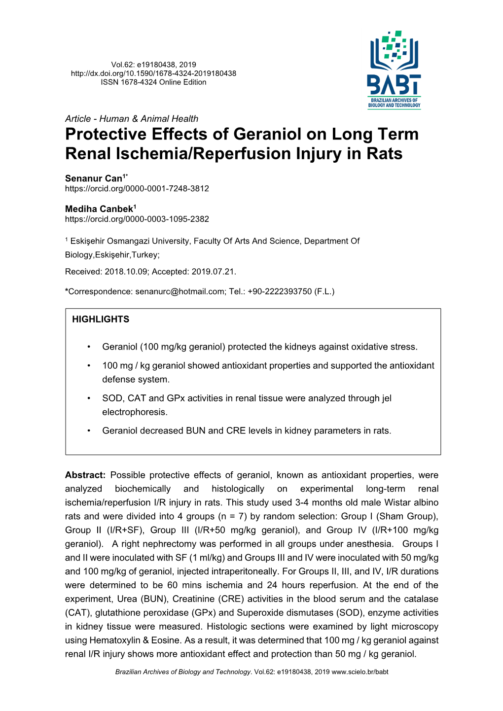 Protective Effects of Geraniol on Long Term Renal Ischemia/Reperfusion Injury in Rats