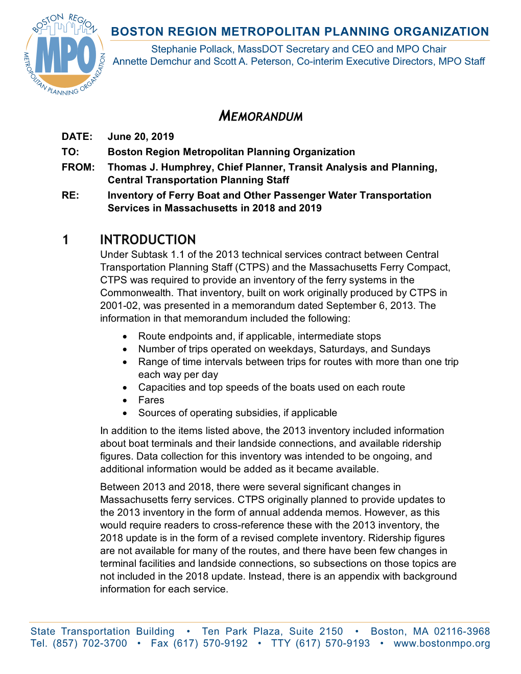 Inventory of Ferry Boat and Other Passenger Water Transportation Services in Massachusetts in 2018 and 2019