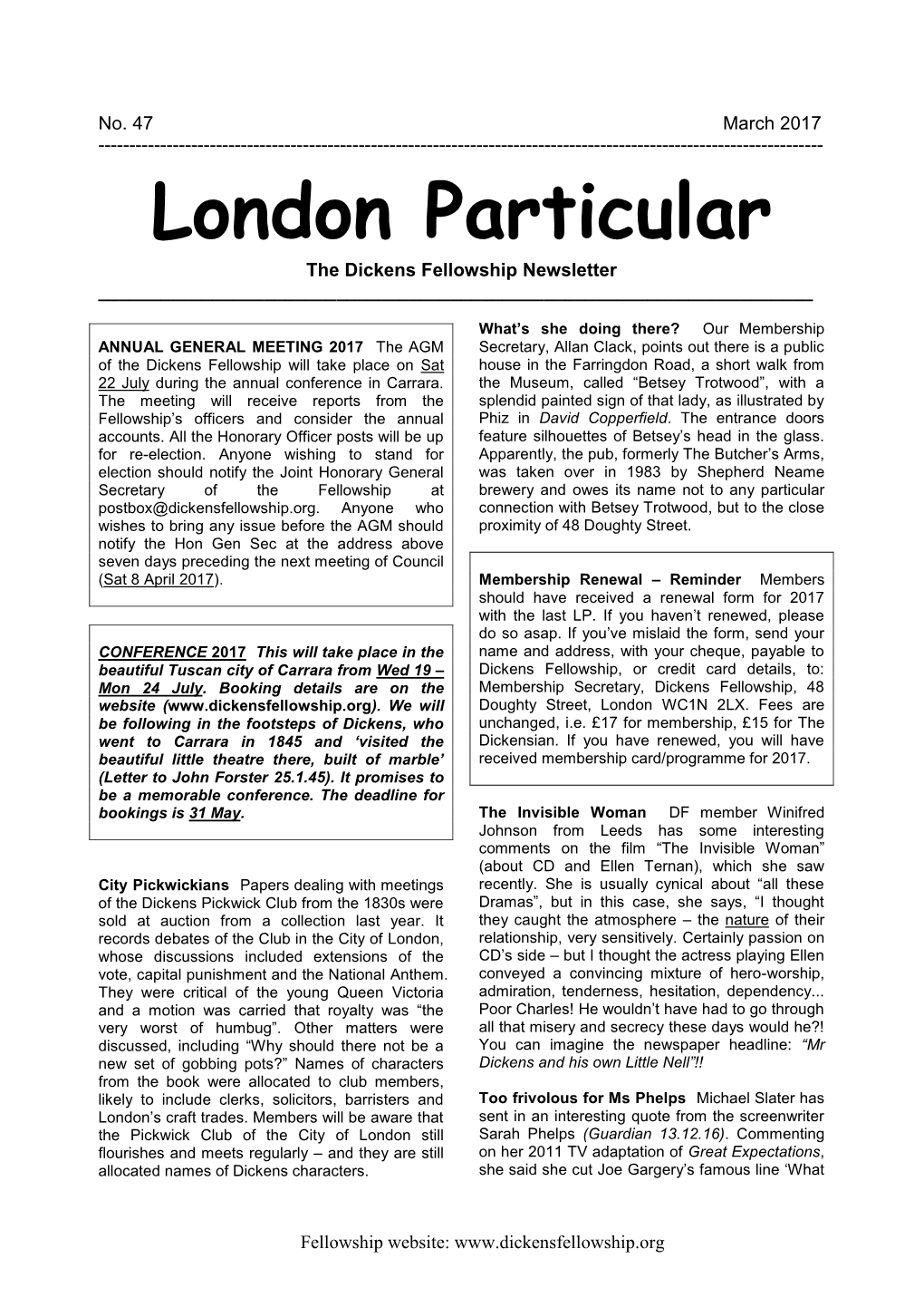 March 2017 ------London Particular the Dickens Fellowship Newsletter ______