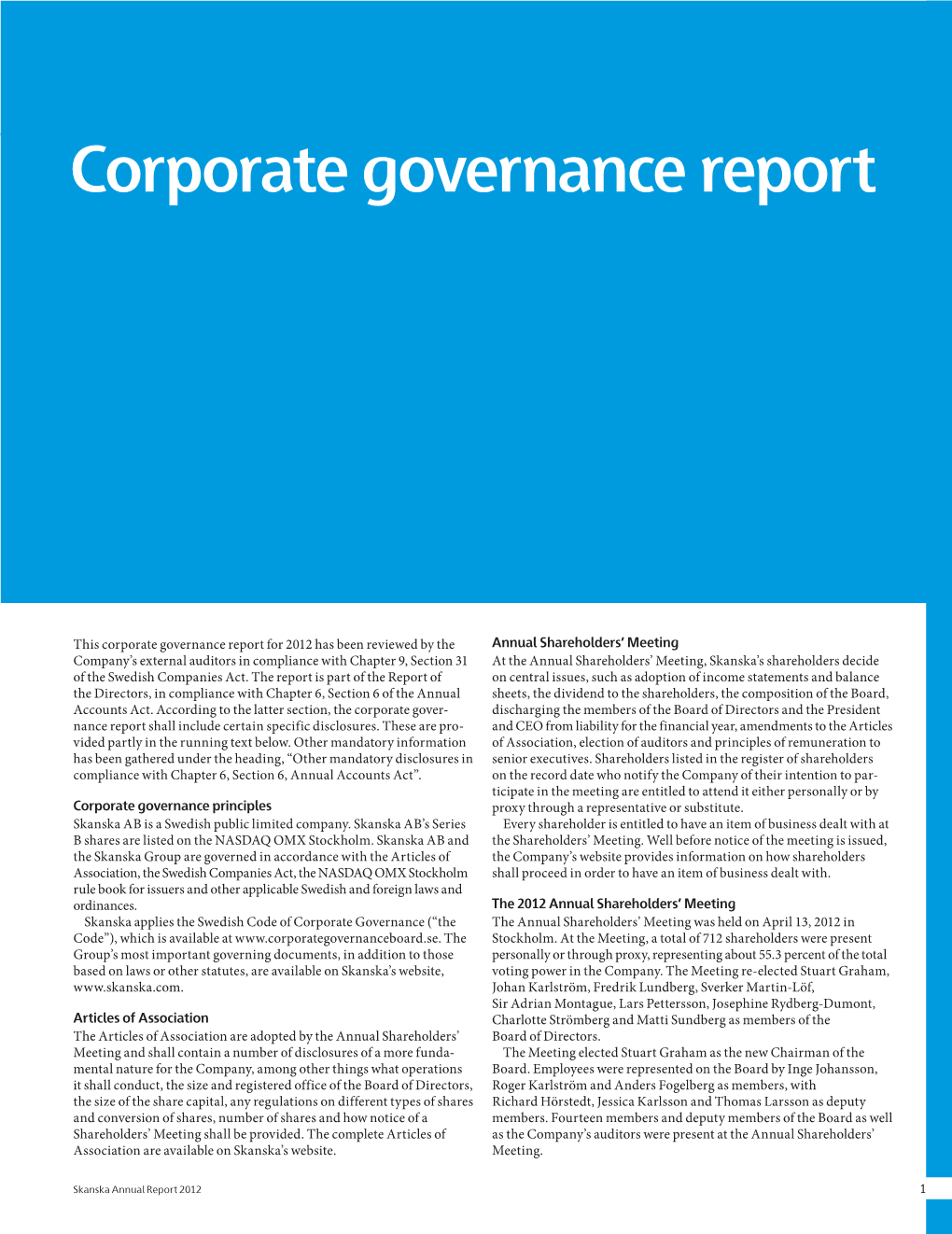 Skanska Corporate Governance Report 2012