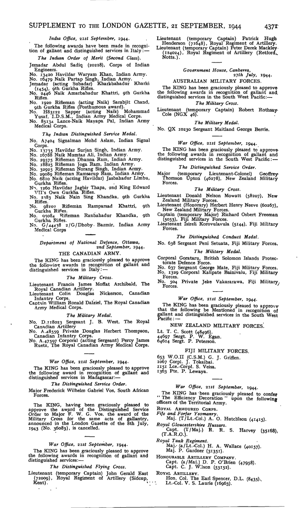 SUPPLEMENT to the LONDON GAZETTE, 21 SEPTEMBER, 1944 4371- India Office, Zist September, 1944