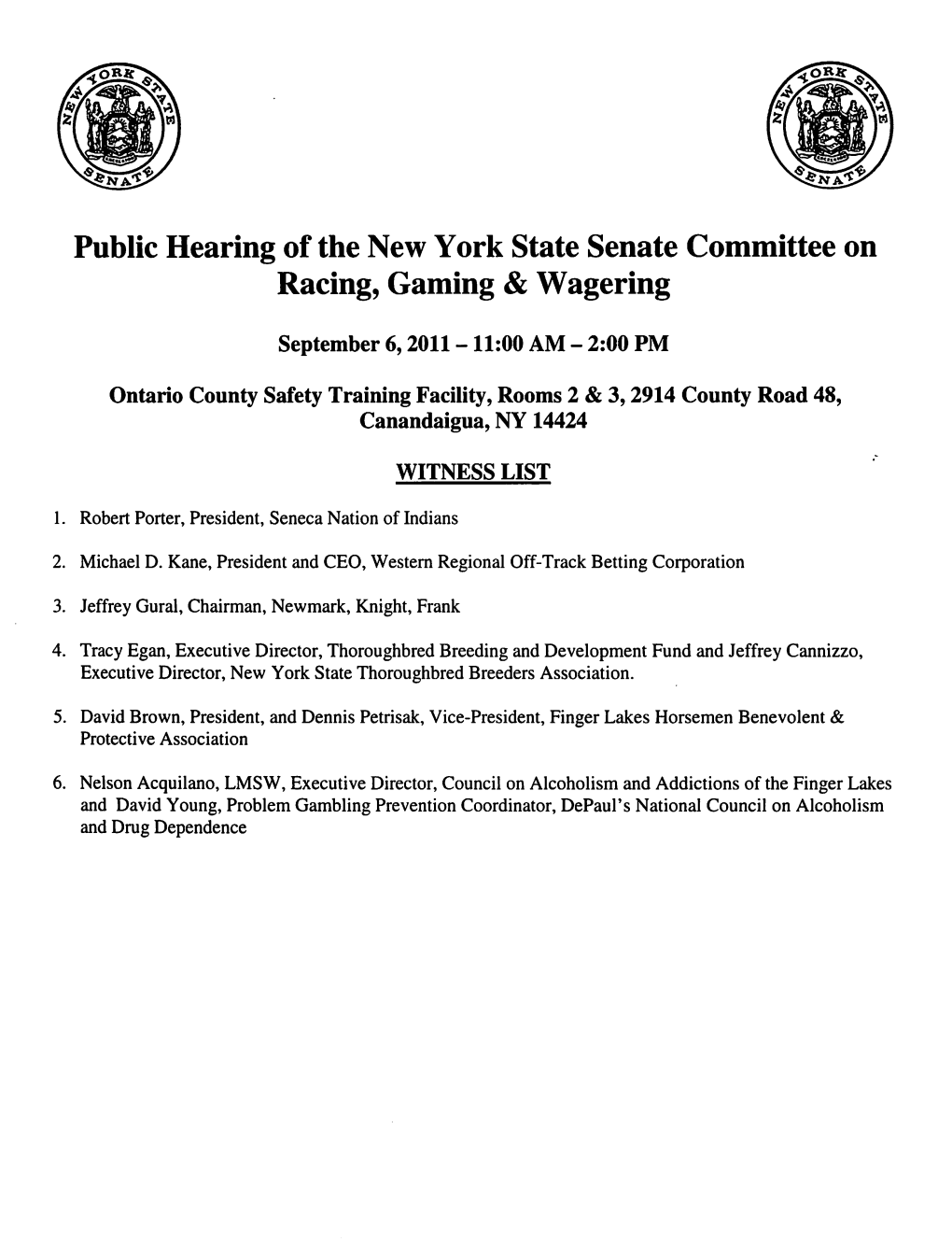 Public Hearing of the New York State Senate Committee on Racing, Gaming & Wagering