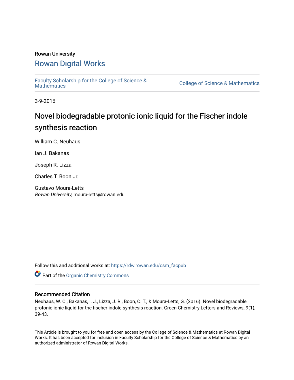 Novel Biodegradable Protonic Ionic Liquid for the Fischer Indole Synthesis Reaction