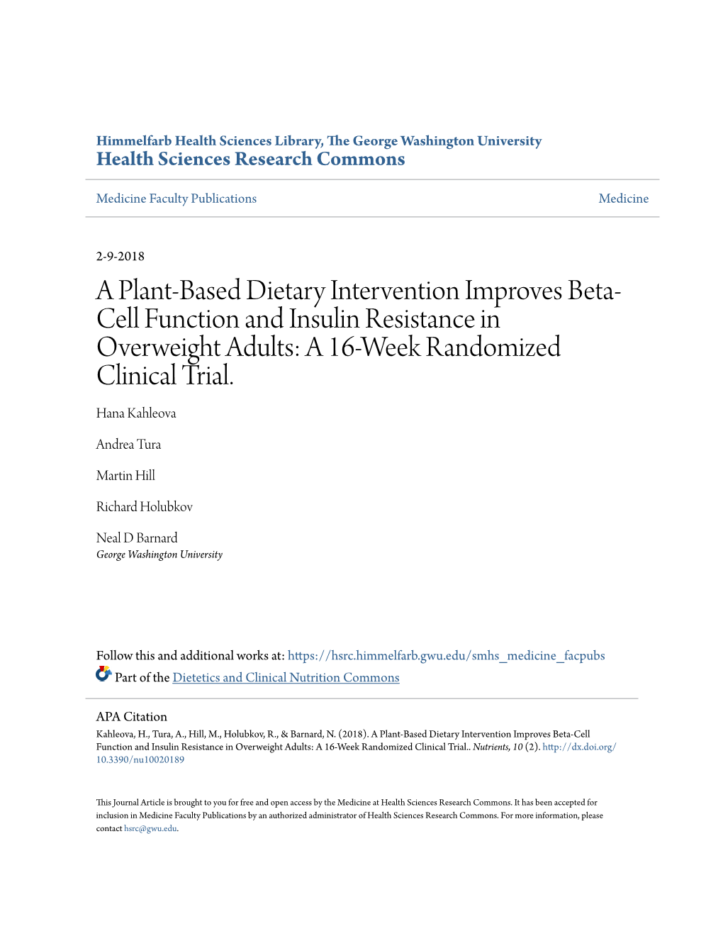 A Plant-Based Dietary Intervention Improves Beta-Cell Function and Insulin Resistance in Overweight Adults: a 16-Week Randomized Clinical Trial