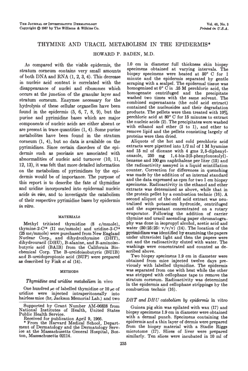 Thymine and Uracil Metabolism in the Epidermis* Howard P