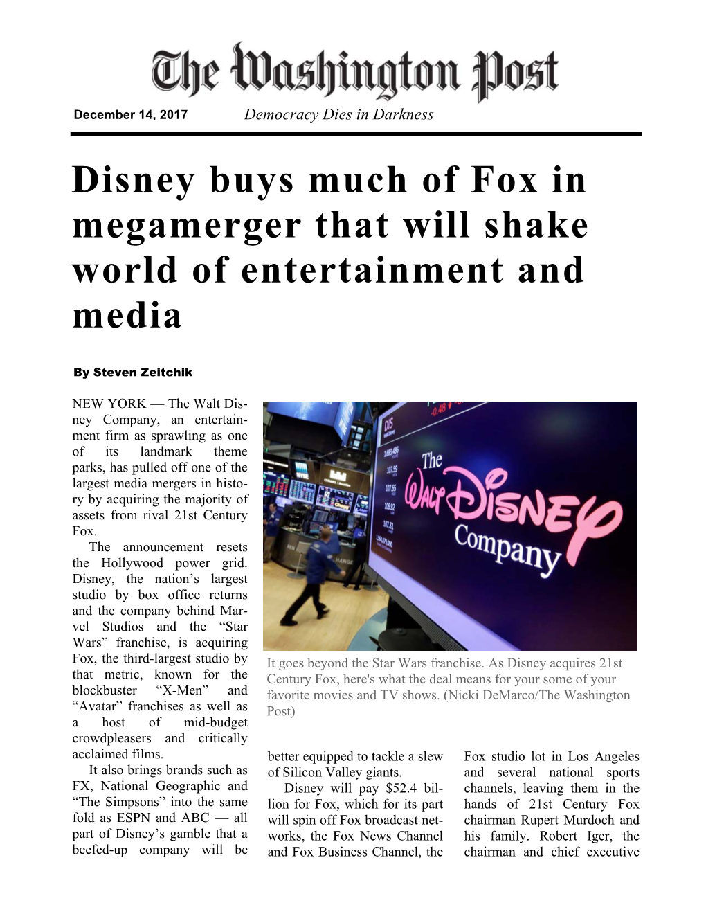 Disney Buys Much of Fox Washington Post 121417.Pub