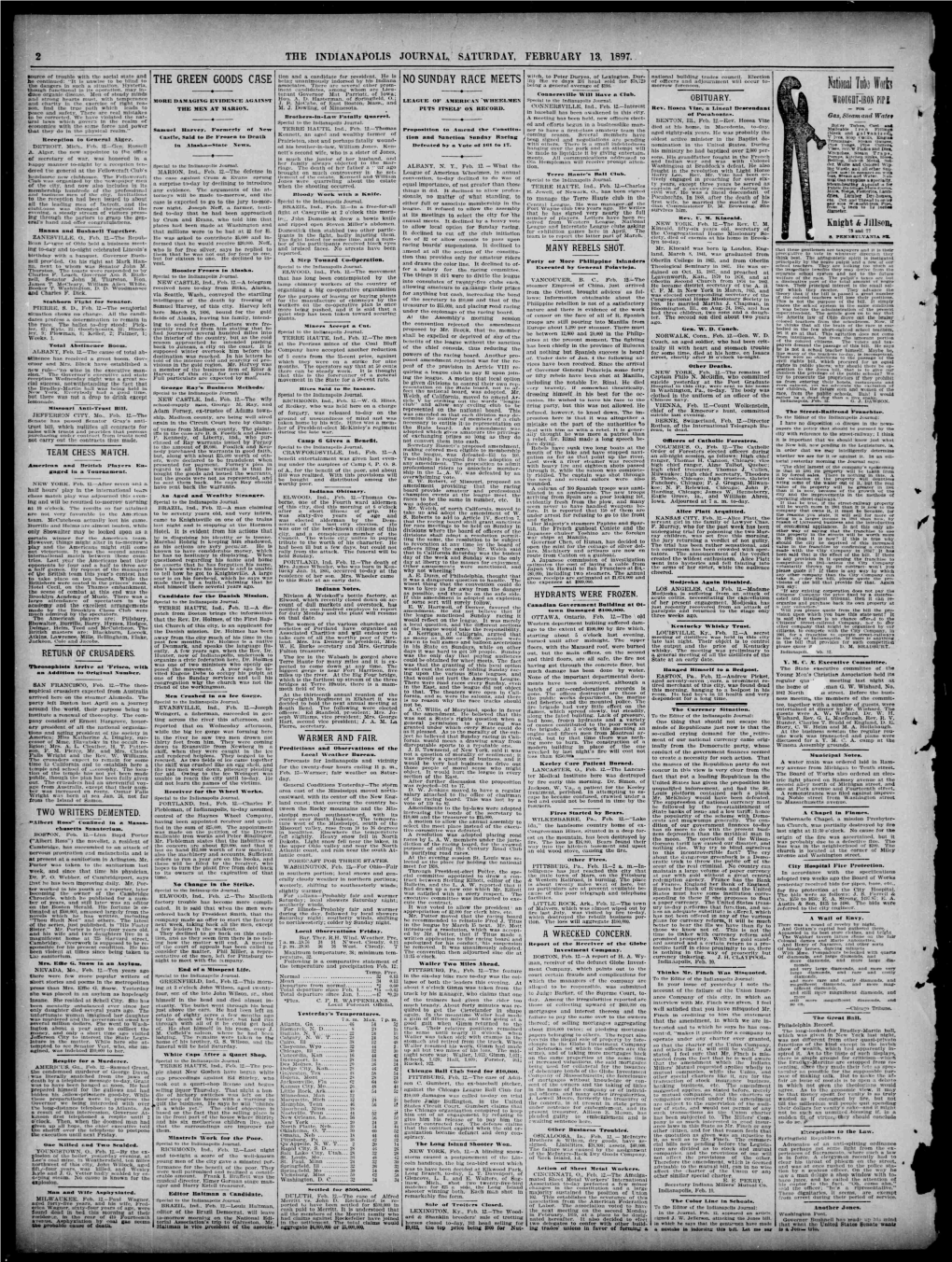 THE INDIANAPOLIS JOURNAL, SATURDAY, FEBRUARY 13, 1897. Source of Trouble with the Social State and Tion and a Candidate for President