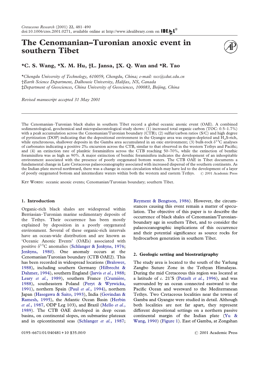 The Cenomanian–Turonian Anoxic Event in Southern Tibet