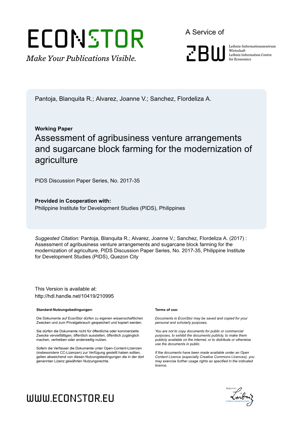 Assessment of Agribusiness Venture Arrangements and Sugarcane Block Farming for the Modernization of Agriculture